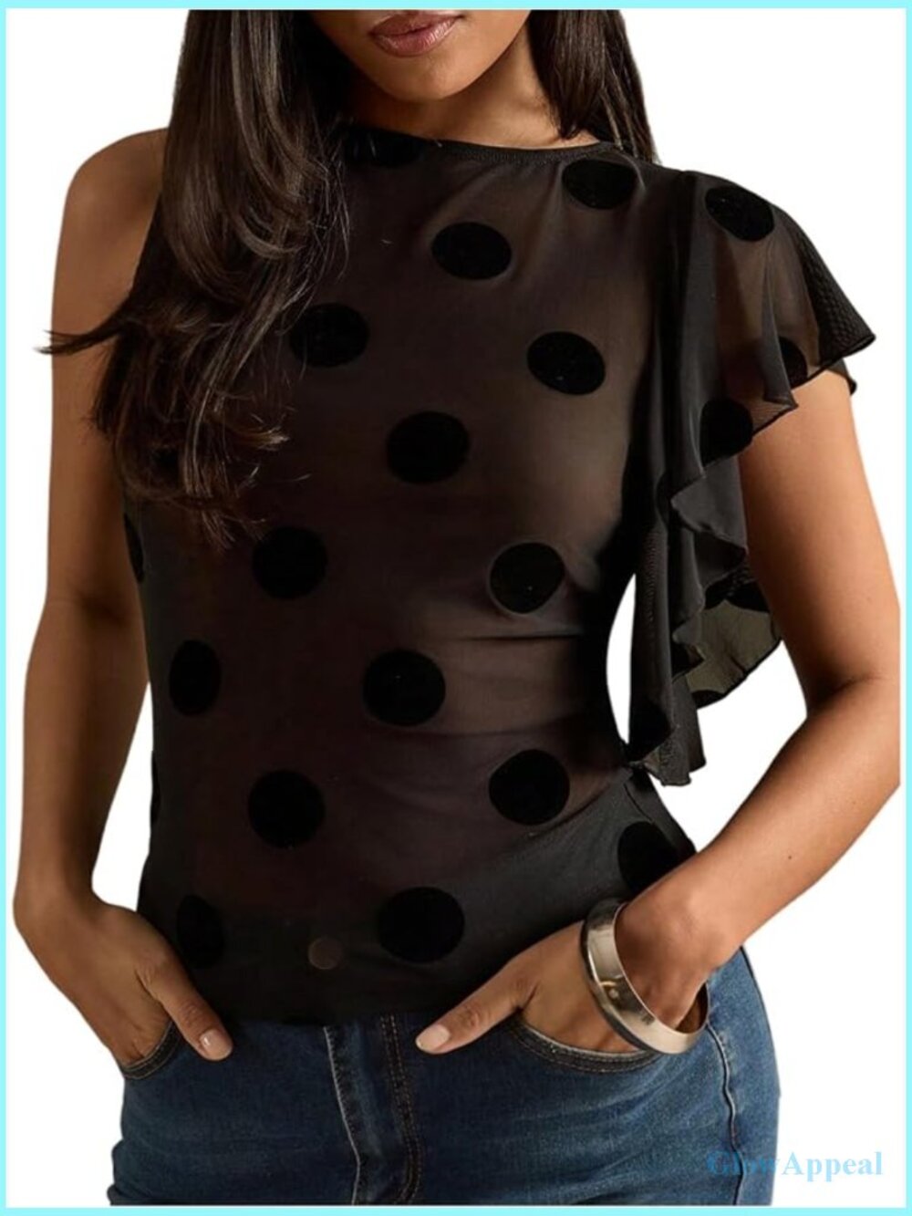 Polka Dots Sheer Mesh Tank Top Ruffle Trim Sleeveless Going Out Top